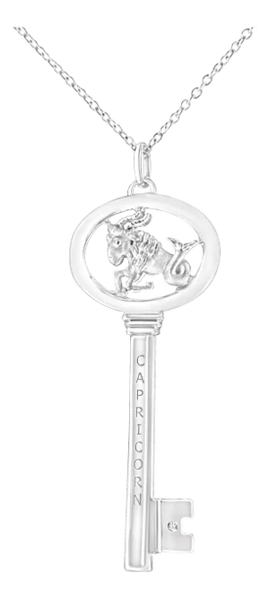 .925 Sterling Silver Diamond Accent Capricorn Zodiac Key 18" Pendant Necklace (K-L Color, I1-I2 Clarity)