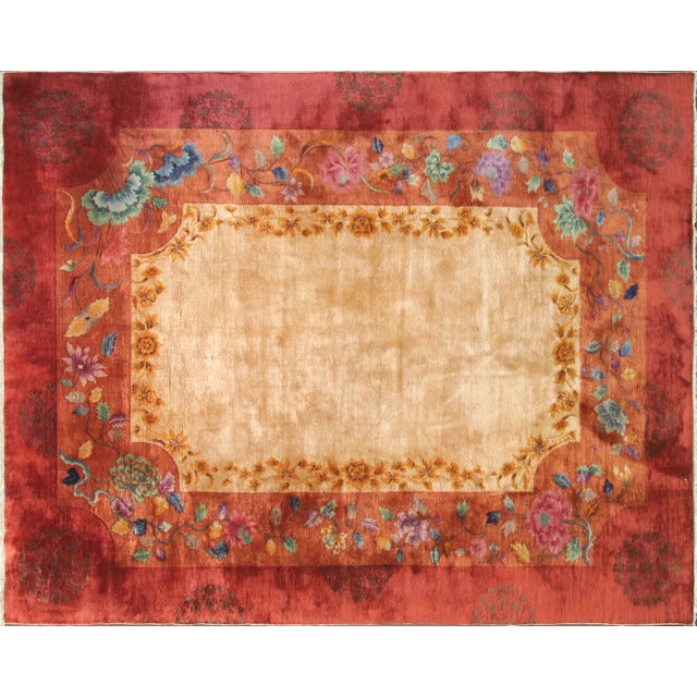 Tan Antique Art Deco Chinese Carpet, Unusual, 8'10" X 11'6" For Sale - Image 8 of 11