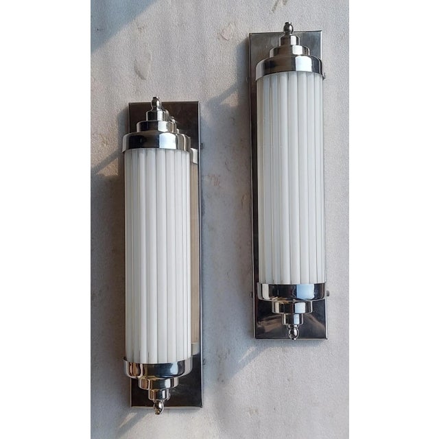 Art Deco Vintage Art Deco Skyscraper Wall Sconces Fixture in Nickel Brass & Milk Glass - a Pair For Sale - Image 3 of 7