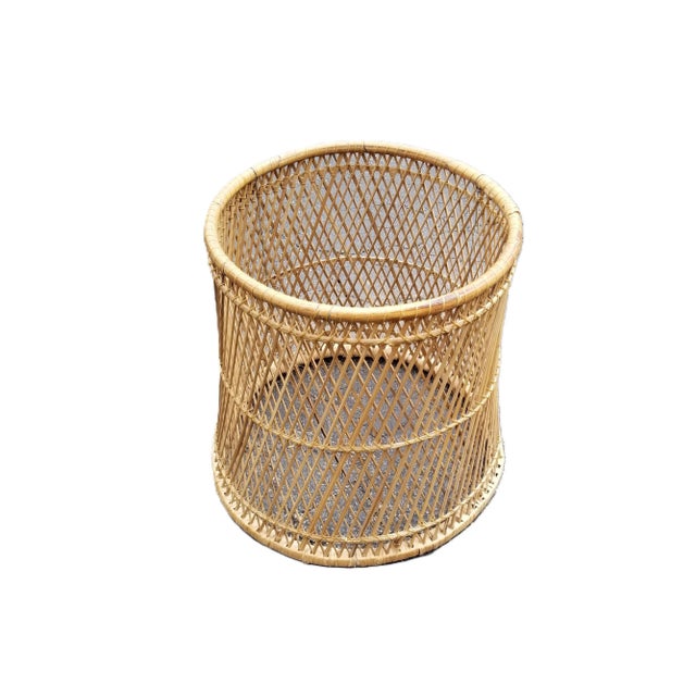 Wood Vintage Round Rattan Plant Stand or Side Table With Removable Tray Top For Sale - Image 7 of 7