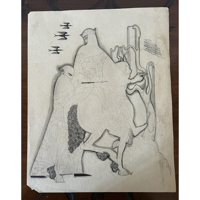 A sophisticated original black ink drawing on paper, representing the elegance of the European Art Nouveau movement. The...