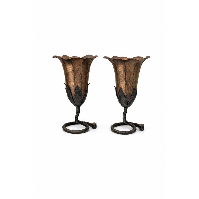 Large Pair of French Modern Forged Copper and Iron Sculptural Flower Vases, circa 1960s A striking and highly sculptural...