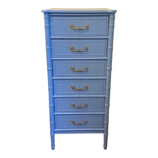 1970s Henry Link Bali Hai Faux Bamboo Lingerie Chest in Custom High-Gloss Blue Lacquer For Sale