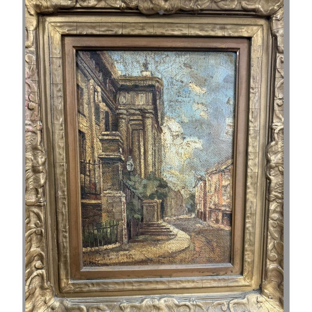 Wood Antique Impressionistic Italian Scenic Landscape Street Scene Oil Painting on Board Circa 1900, Framed For Sale - Image 7 of 11