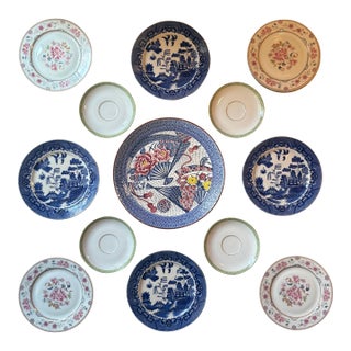 Blue Willow and Pink Floral Chinoiserie Themed Decorative Plate Curation-Set of 13 For Sale
