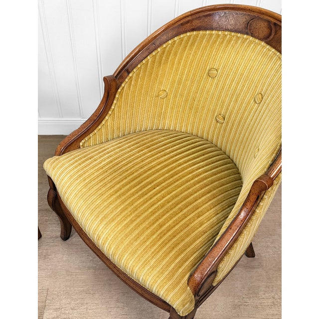 Wood Vintage Neoclassical Gold Stripped Mahogany Barrel Club Chairs - A Pair For Sale - Image 7 of 11