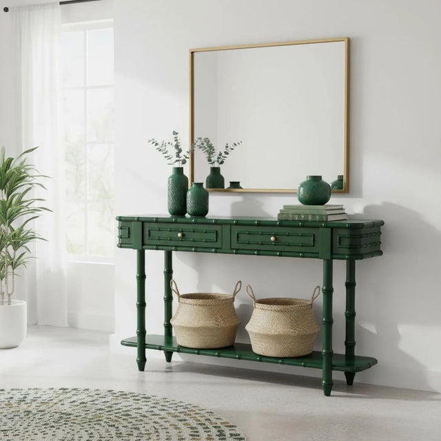 Handmade with solid mahogany and hand-painted in a rich jade green lacquer, this elegant console captures the timeless...