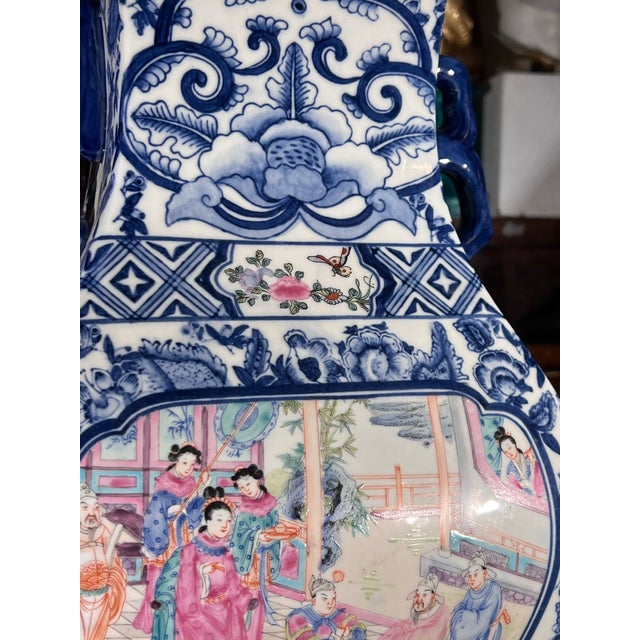 Mid 20th Century Vintage Blue and White Porcelain Vase With Hand Painted Court Scene For Sale - Image 5 of 11