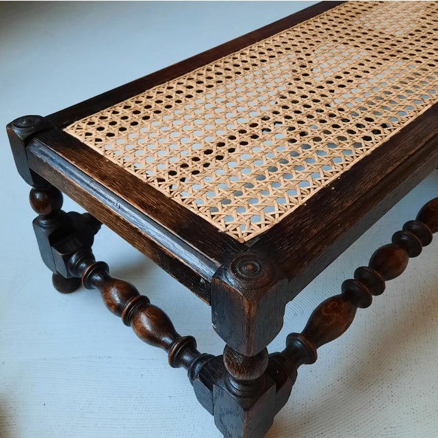 Antique English Foot Bench with Rattan, 1920s For Sale - Image 6 of 9