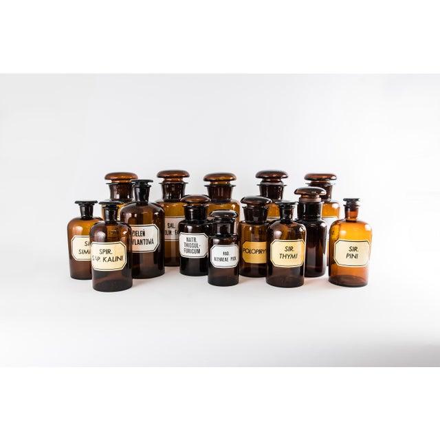 Mid-Century Modern Vintage Amber Pharmacy Bottles, 1950, Set of 32 For Sale - Image 3 of 12