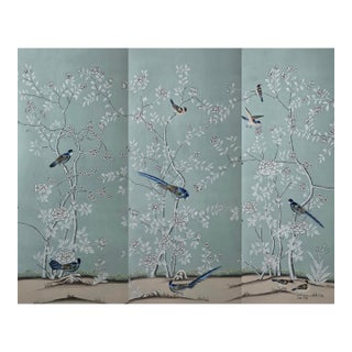 Hand Painted Chinoiserie Tea Paper Wallcovering Panels With Birds and Blossoms, Set of 3 For Sale