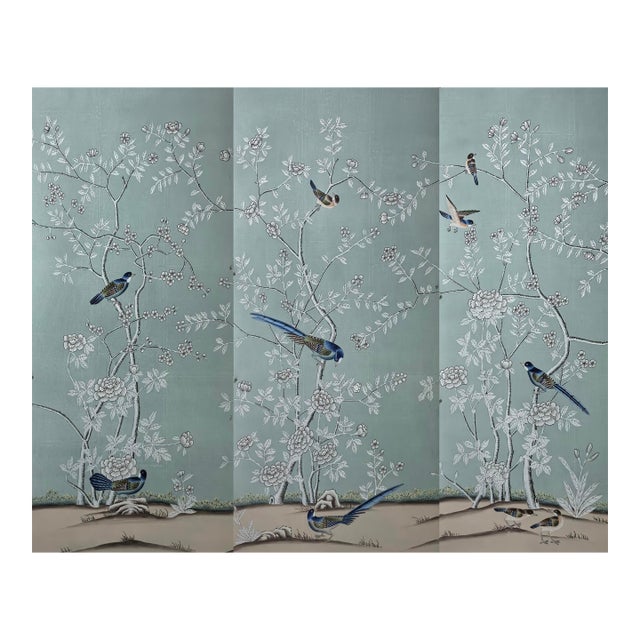 Hand Painted Chinoiserie Tea Paper Wallcovering Panels With Birds and Blossoms, Set of 3 For Sale
