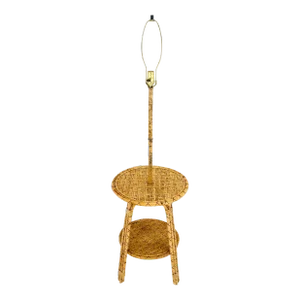 Bamboo Rattan c1970s 4 Legged Two Tier Round Side Table Floor Lamp