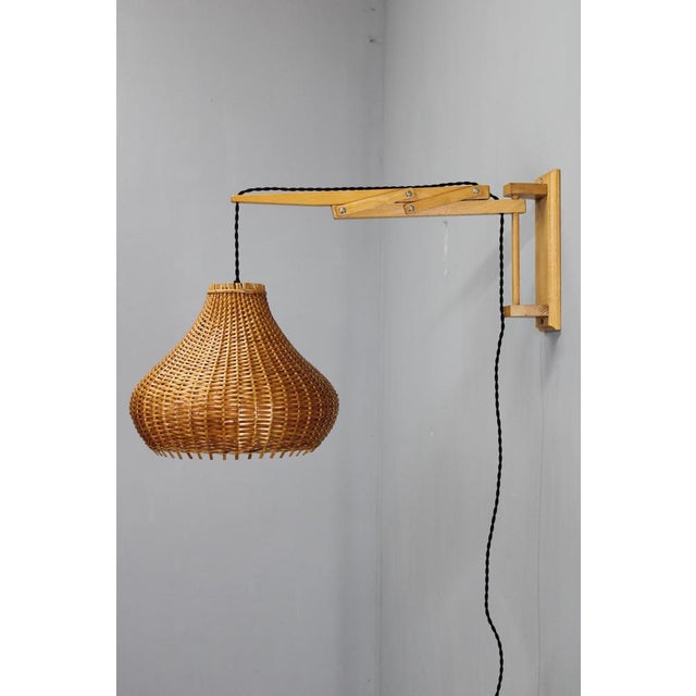 1970s Mid-Century Adjustable Wooden Wall Lamp with Rattan Shade from Lipta, 1970s For Sale - Image 5 of 15