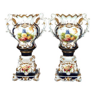 Antique French Old Paris Enameled Gilt Decorated Porcelain Urn Vases, 19th Cent For Sale