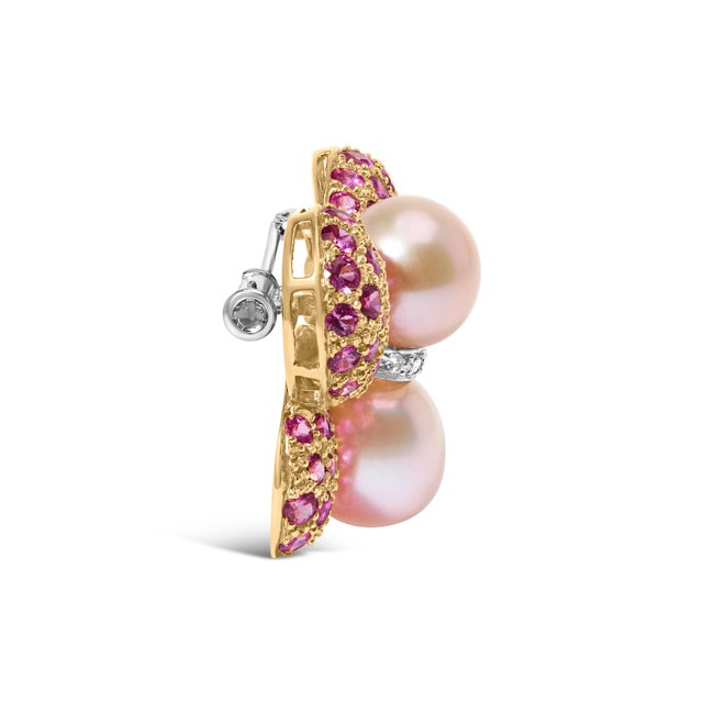 Contemporary 18K Yellow and White Gold 9MM South Sea Pearl and Pink Sapphire Butterfly Pin Brooch with Diamond Accent (F-G Color, VS1-VS2 Clarity) For Sale - Image 3 of 5