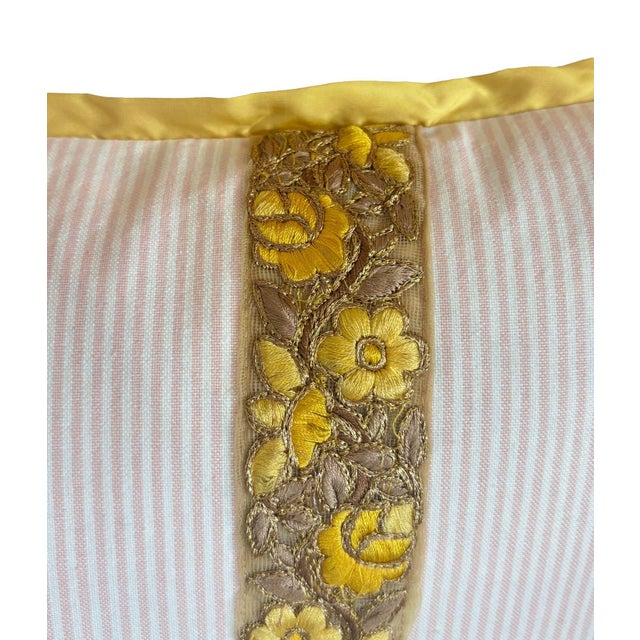 Transitional Striped Lumbar Pillow Cover With Golden Embroidery For Sale - Image 3 of 4