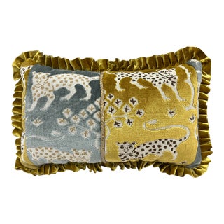 10” X 16” Schumacher Woodland Leopard in Mineral & Gold Lumbar Pillow With Pleated Trim For Sale