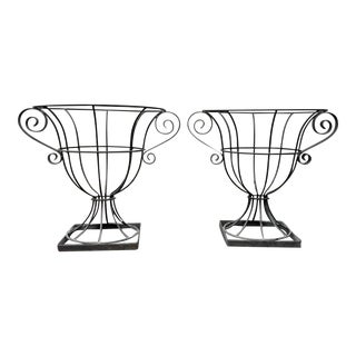 Pair of Black Metal Garden Urns or Planters For Sale