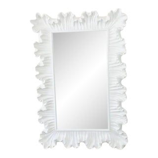 Vintage 1980s White Ruffled Carved Look Molded Fiberglass Wall Mirror Serge Roche Style For Sale