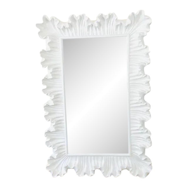 Vintage 1980s White Ruffled Carved Look Molded Fiberglass Wall Mirror Serge Roche Style For Sale