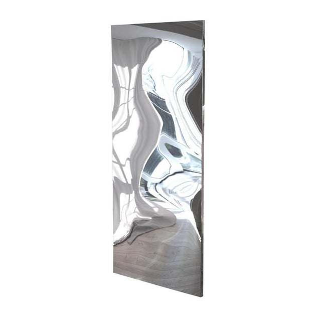 Distorting 300 cm vertical mirror in polished stainless steel by julien vidame. Dimensions: w 145 x d 3 x h 300 cm....