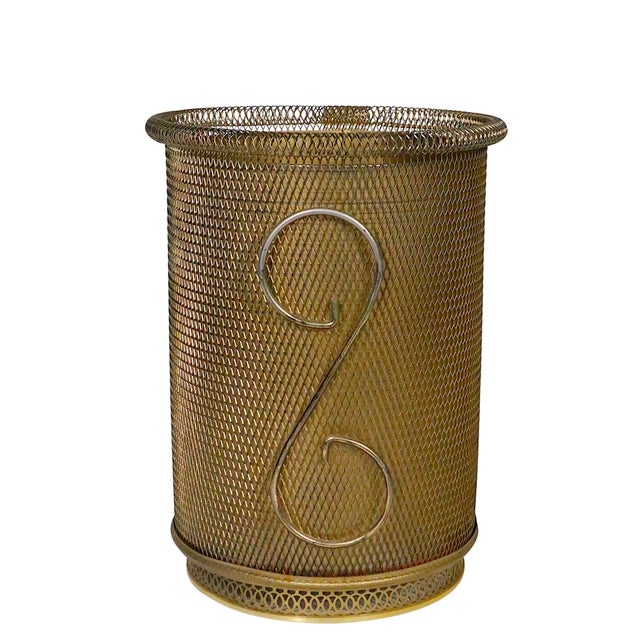 Metal Mid 20th Century Hollywood Regency Gold Tone Metal Mesh Trashcan For Sale - Image 7 of 12