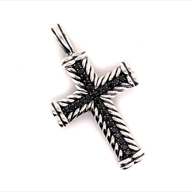 1990s David Yurman Black Diamond Chevron Silver Cross Pendant 16.5g Estate For Sale - Image 10 of 14