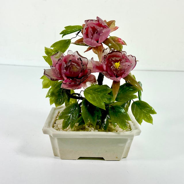 Japanese 1960s Vintage Chinoiserie Boho Chic Bonsai Tree Sculpture, Jade & Glass For Sale - Image 3 of 12