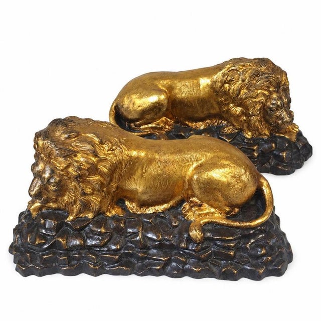 French School Artist, Reclining Lions, Gilded Bronze, Set of 2 For Sale - Image 6 of 9