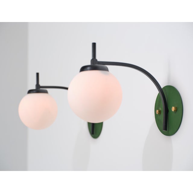 Italian Curved Wall Sconces with Opaline Globes and Green Backplates, 1950s, Set of 2 For Sale - Image 4 of 11