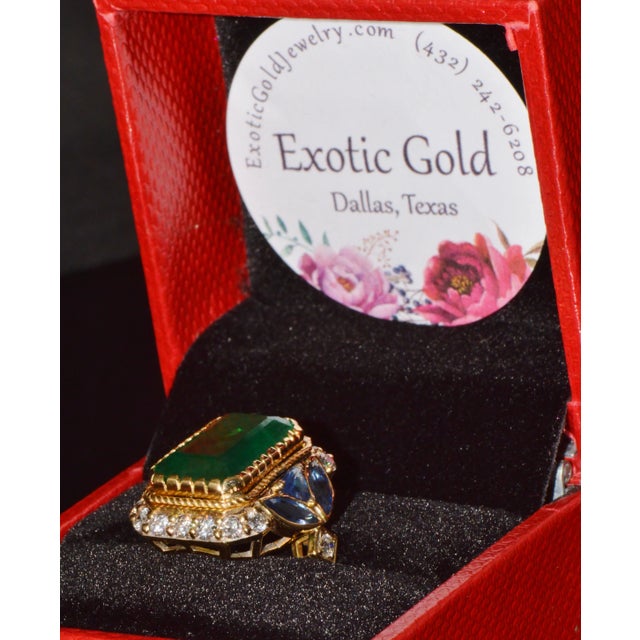 Gia Certified Natural 12.80cts Emerald Sapphire Diamond 18k Solid Gold Cocktail Ring, Size 6 For Sale - Image 11 of 13