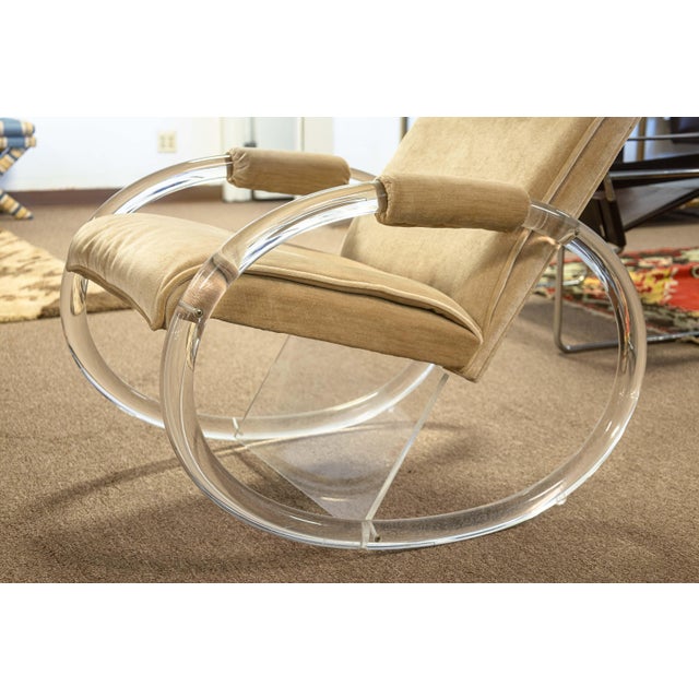 Vintage 1970s Charles Hollis Jones Velvet Lucite Rocking Chair and Ottoman For Sale - Image 9 of 11