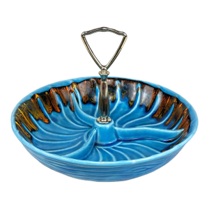 Mid-Century California Pottery Blue Divided Centerpiece Serving Bowl W/ Handle
