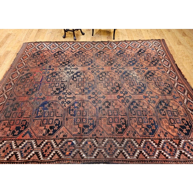 Red Vintage Turkmen Ersari in Allover Geometric Pattern in Red, Blue, Navy For Sale - Image 8 of 16