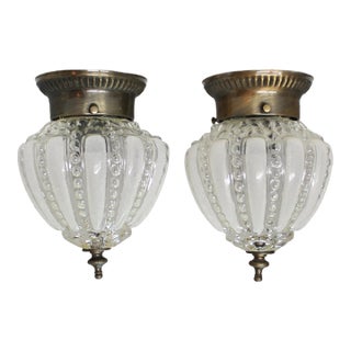 Vintage Art Deco Frosted Melon Glass Flush Mount Lights - Pair For Sale