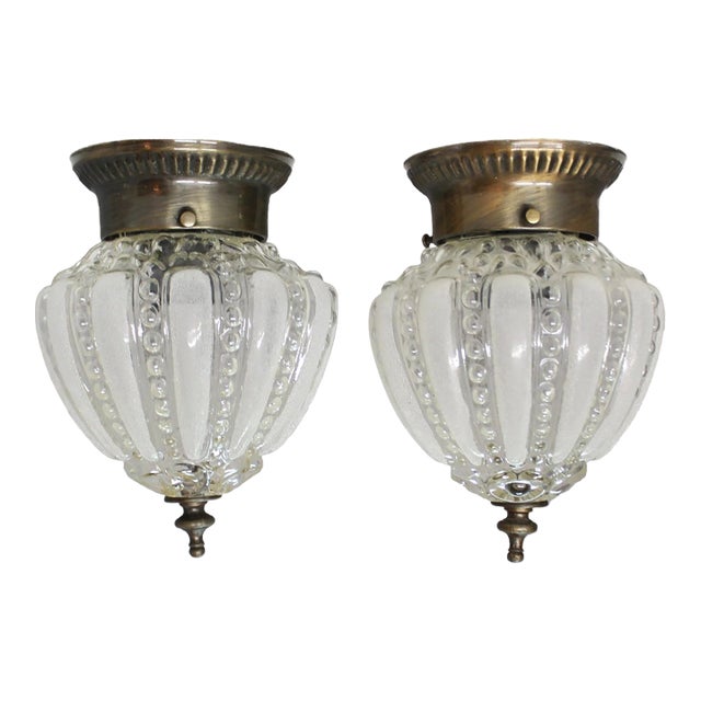 Vintage Art Deco Frosted Melon Glass Flush Mount Lights - Pair For Sale