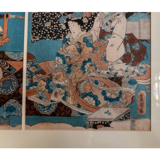 19th Century Japanese Ukiyo-E Woodblock Triptych Print by Utagawa Kunisada, Toyokuni III For Sale - Image 14 of 15