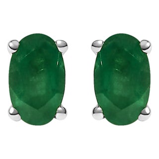 14K White Gold 5x3 MM Oval Green Emerald Solitaire Stud Earrings, A Pair For Sale