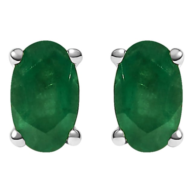 14K White Gold 5x3 MM Oval Green Emerald Solitaire Stud Earrings, A Pair For Sale