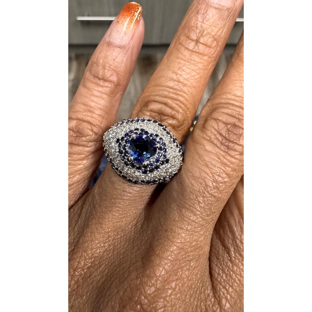 Blue Roshe Jewels, Sapphire Ring With Diamond 18k White Gold Cocktail Ring, Size 7 For Sale - Image 8 of 9