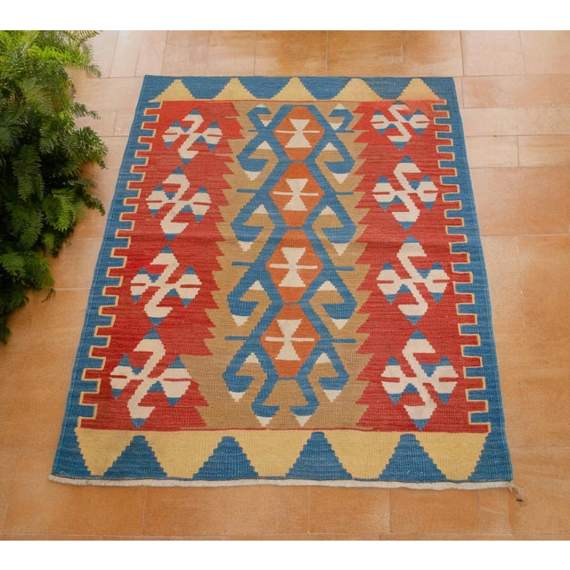 Flat Weave Kilim Rug, Vintage Oushak Rug Village Wool, Red Gold Blue Geometric, 3x4 Ft Approx For Sale - Image 4 of 16