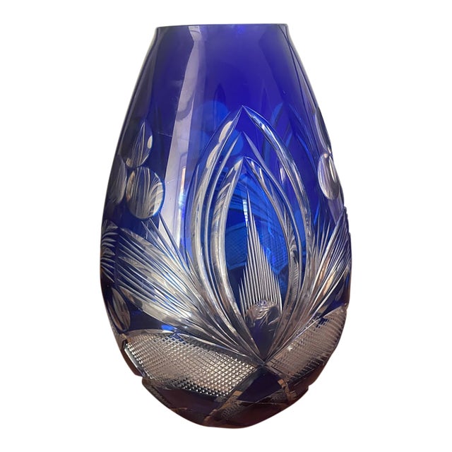 Mid-Century Bohemian Cobalt Cut-to-Clear Crystal Ovoid Palmette Vase For Sale