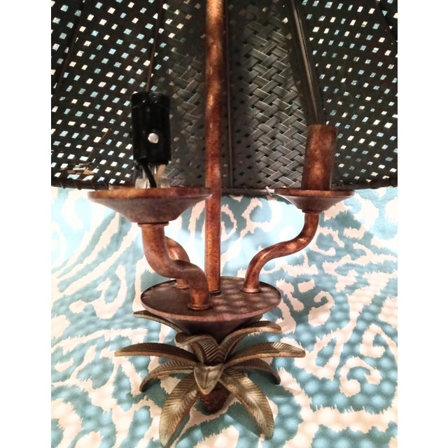 Traditional Palm Beach Regency 3 Light Wicker Shade Pineapple Chandelier Fixture For Sale - Image 3 of 9