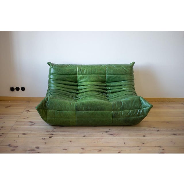 1970s Dubai Green Leather Togo Lounge Chair, Corner and 2-Seat Sofa by Michel Ducaroy for Ligne Roset, 1979, Set of 3 For Sale - Image 5 of 14