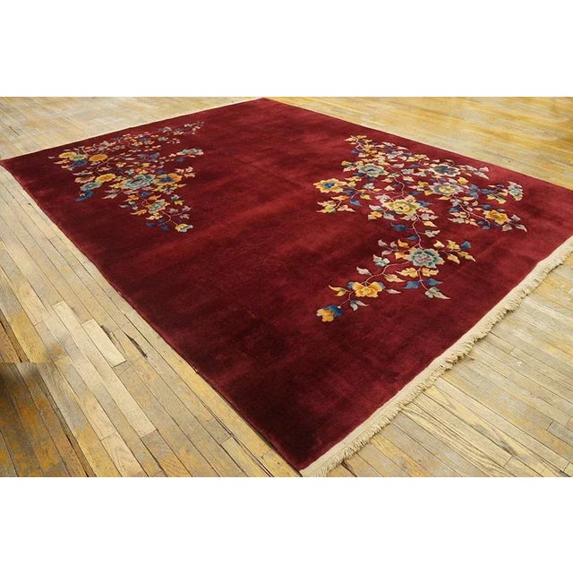 1930s Deep Red Floral Antique Chinese Art Deco Rug 8'9" X 11'4" Knotted Wool Carpet For Sale - Image 4 of 9