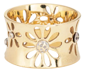 Vintage Sunflower Ring Sz 6.5 14k Yellow Gold Wide Cigar Band Estate Jewelry