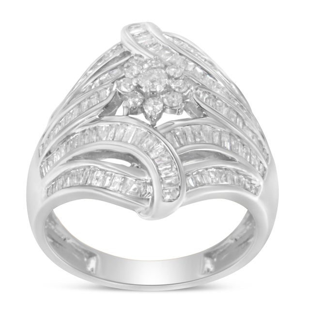 Early 21st Century .925 Sterling Silver 1-1/8 Cttw Round & Baguette Diamond 'Flower & Fern' Cluster Cocktail Fashion Ring (I-J Color, I2-I3 Clarity) - Size 8 For Sale - Image 5 of 7