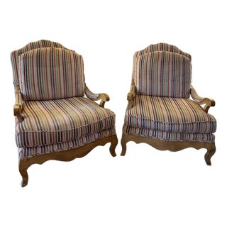 Pair of French Country Louis XV Style Bergère Lounge Chairs in Custom Multi-Stripe Upholstery For Sale