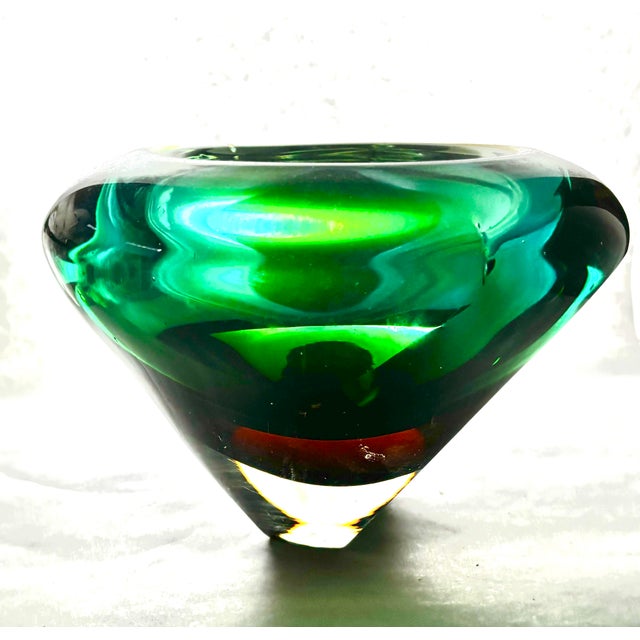Aqua Mid 20th Century Murano Sommerso Art Glass Bowl in Green, Teal and Amber For Sale - Image 8 of 12